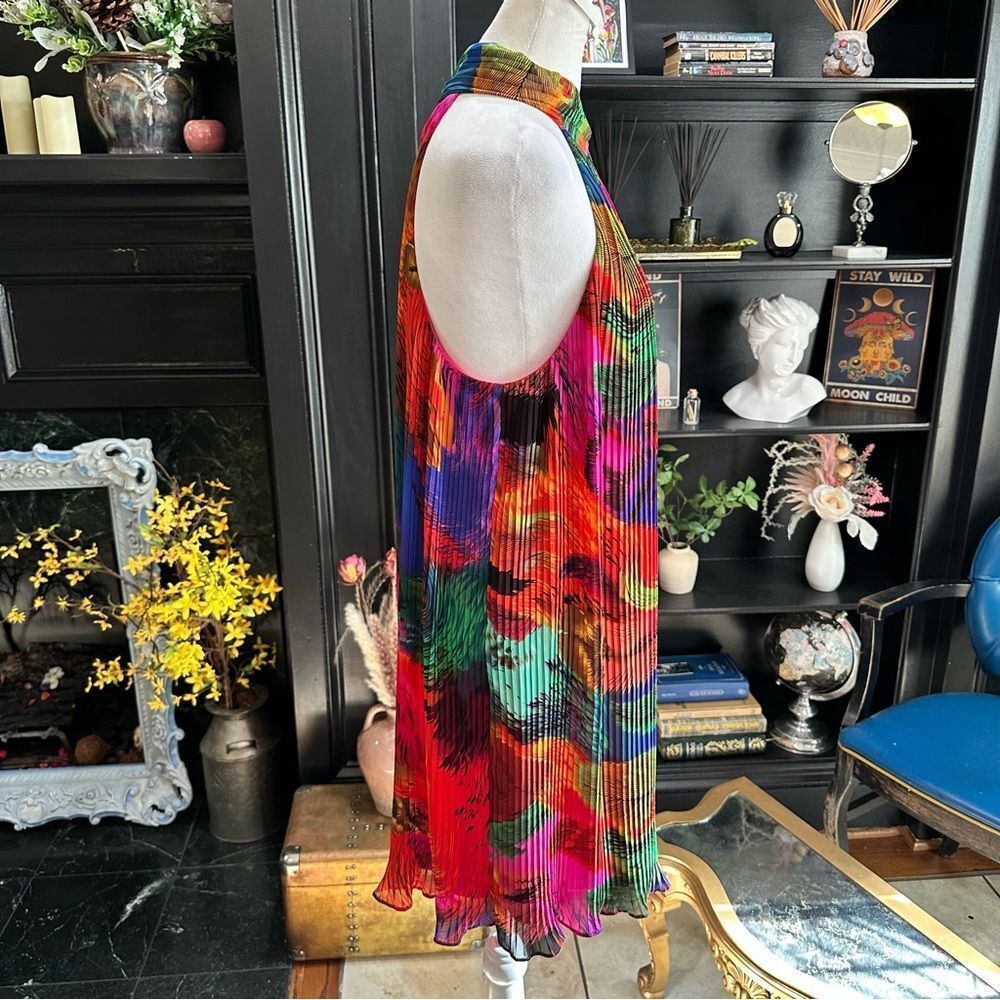 Oleg Cassini Multi‑Colored Tropical Pleated Dress • Size 12 • Vibrant Resort Vib - Picture 6 of 12